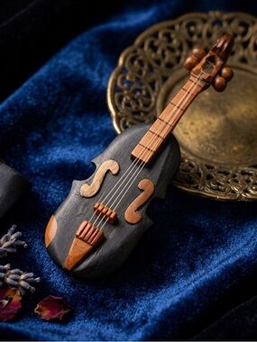 Vintage Hand Carved Wooden Violin Unisex Brooch
